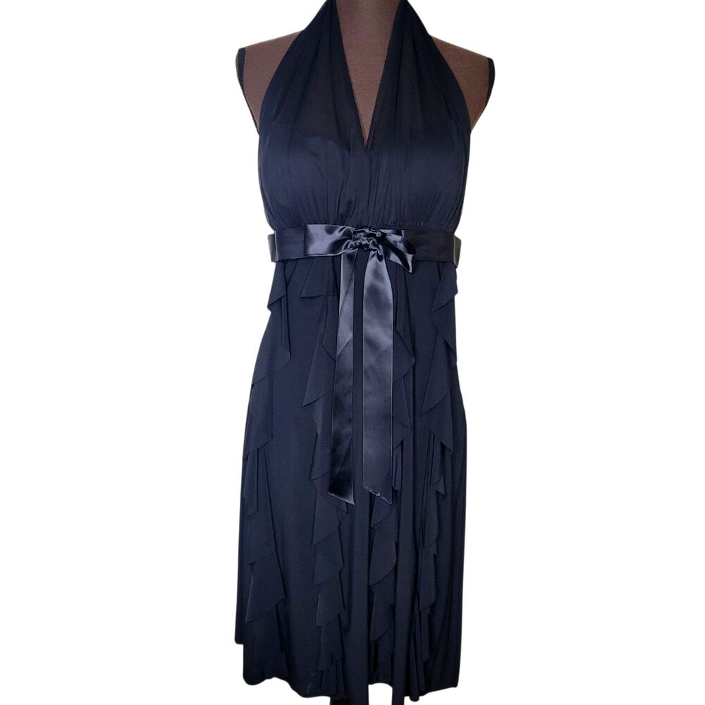 Betsy & Adam Women Black Dress Size 14 Halter Back Ruffle Evening Wear Formal